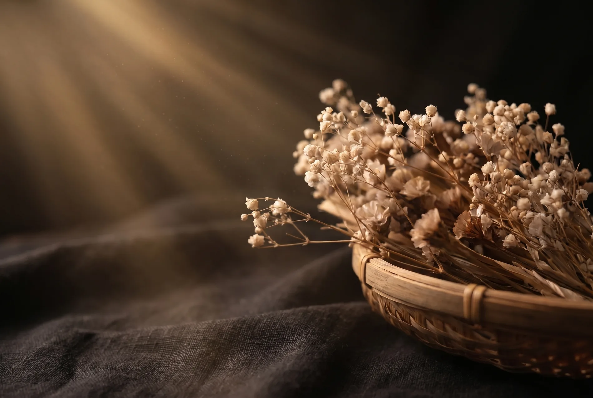 Dried flowers in a bowl, lit by warm rays of light